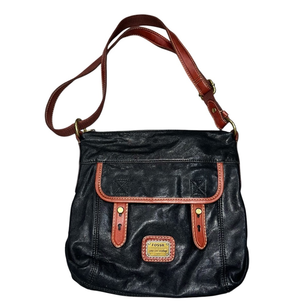 Fossil Black & Brown Leather Crossbody Purse Bag